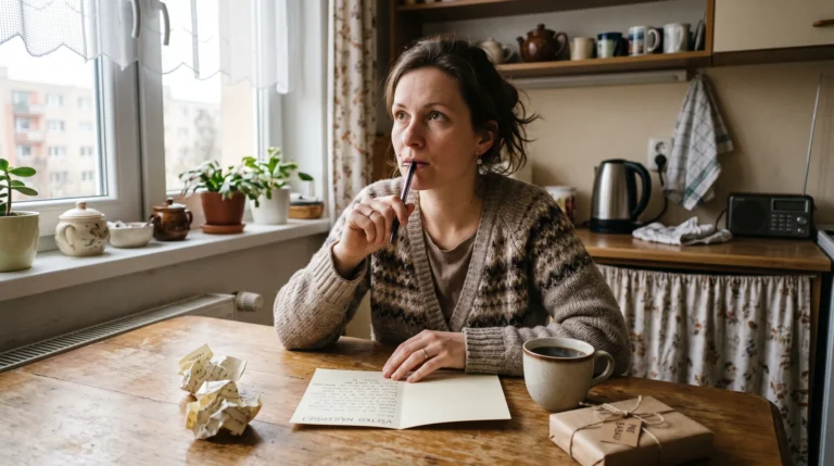 Žena pri kuchynskom stole píše rukou blahoželanie do pohľadnice, vedľa zhúžvané koncepty a šálka kávy