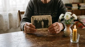 Ruky staršej ženy držia rodinnú fotografiu pri sviečke a bielych chryzantémach