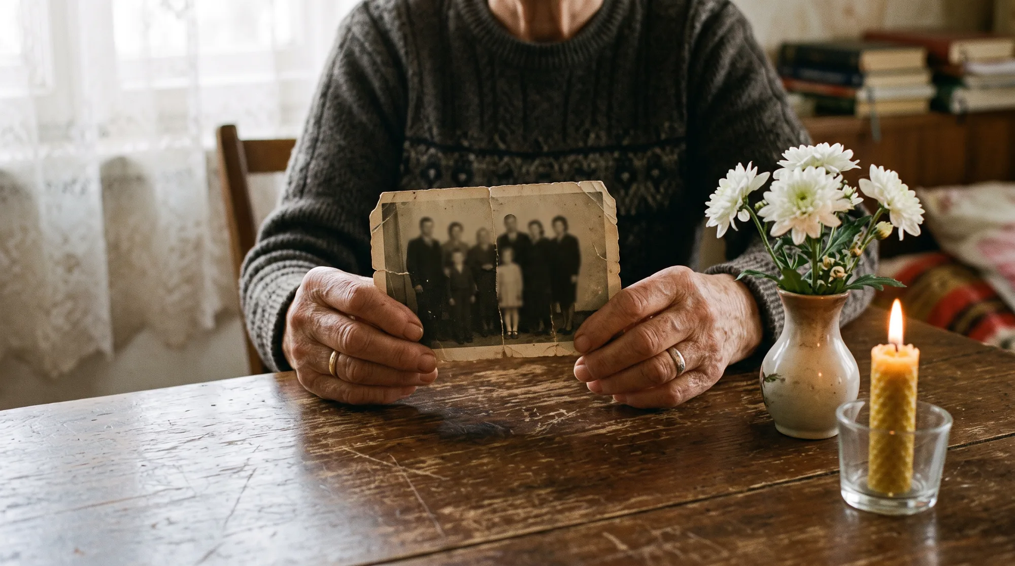 Ruky staršej ženy držia rodinnú fotografiu pri sviečke a bielych chryzantémach